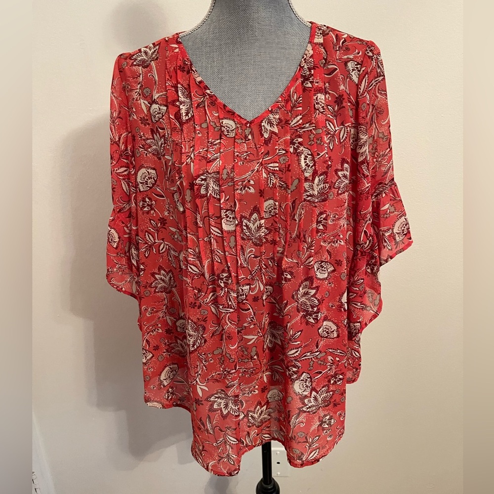 Style & Co Red Blouse with V-Neck and 3/4 Sleeves Size M